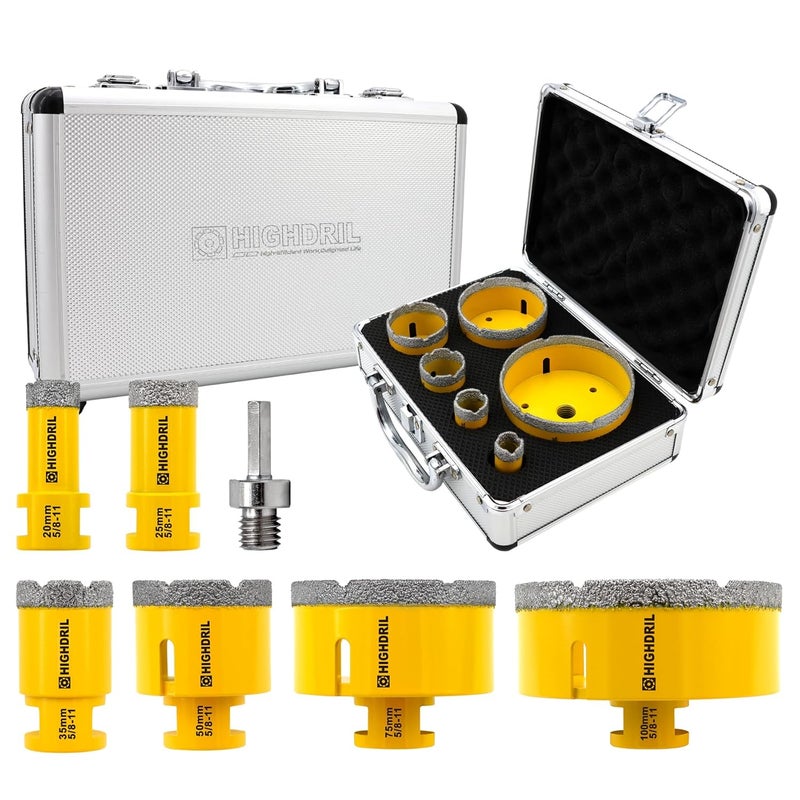 HIGHDRIL Diamond Drill Bits Kit with 5/8-11 for Porcelain Tile Ceramic Marble Brick Concrete Vacuum Brazed Hole Saw(20/25/35/50/75/100mm) - Image 1